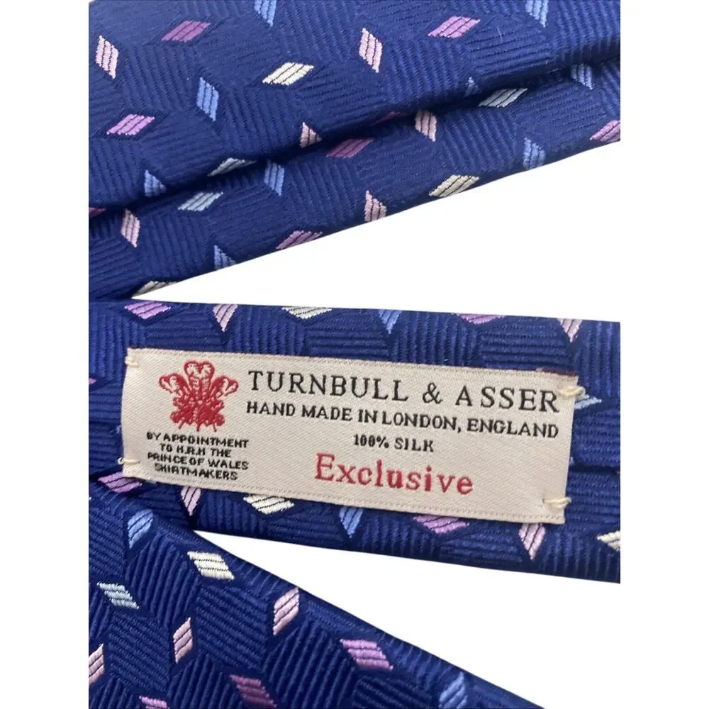 Turnbull & Asser 100% Silk Tie for Men Blue Purple White Diamonds 57.5”x3.5”